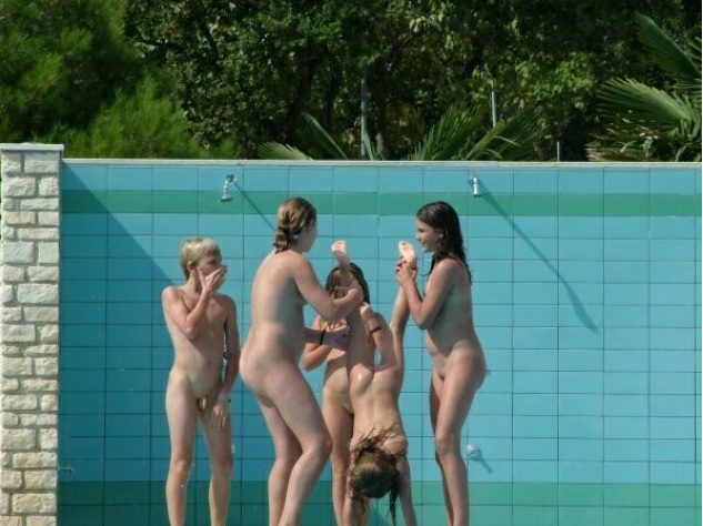 Nudists wash in a summer shower [Pure naturism]